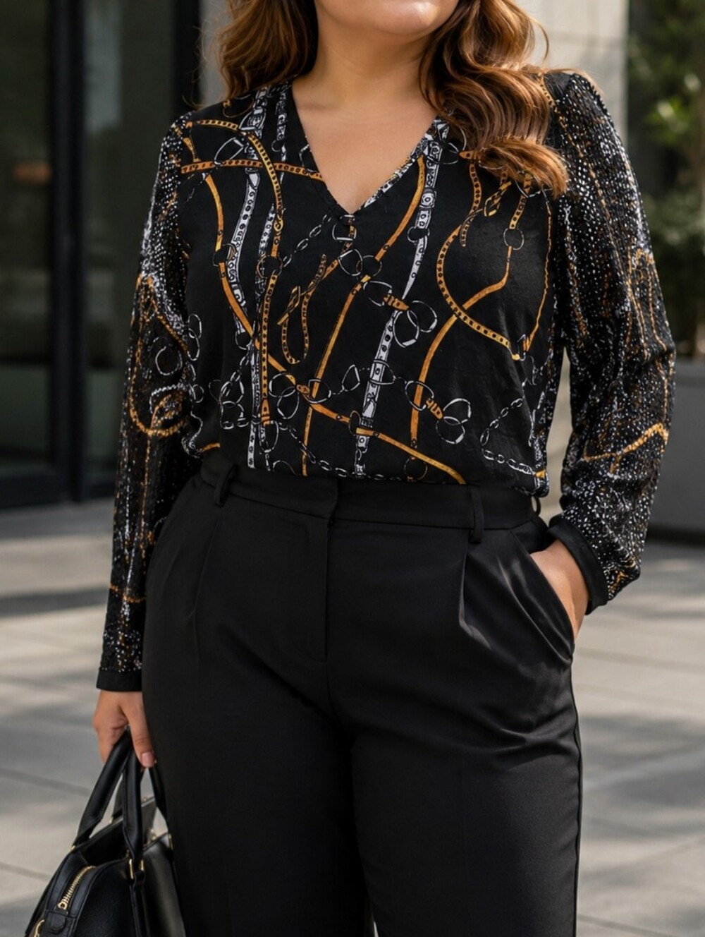 Peter Nygard Black & Gold Equestrian Print V-Neck Long Sleeve Cotton Blend Top